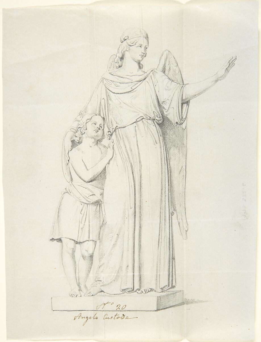 Sketch of a statue: Guardian Angel, Circle of John Gibson (British, Gwynedd, Wales 1790–1866 Rome), Graphite, with inscriptions in pen and brown ink 