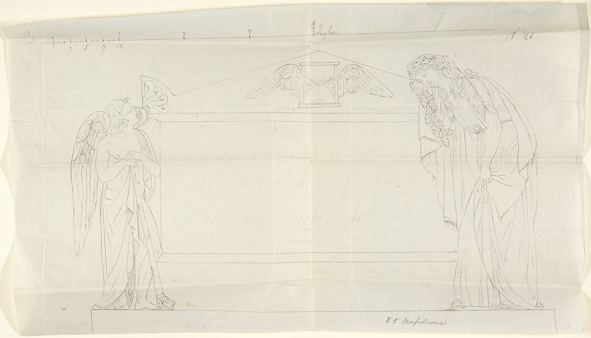 Design for a sarcophagus with two mourning figures, Circle of John Gibson (British, Gwynedd, Wales 1790–1866 Rome), Graphite, with inscriptions in pen and brown ink 