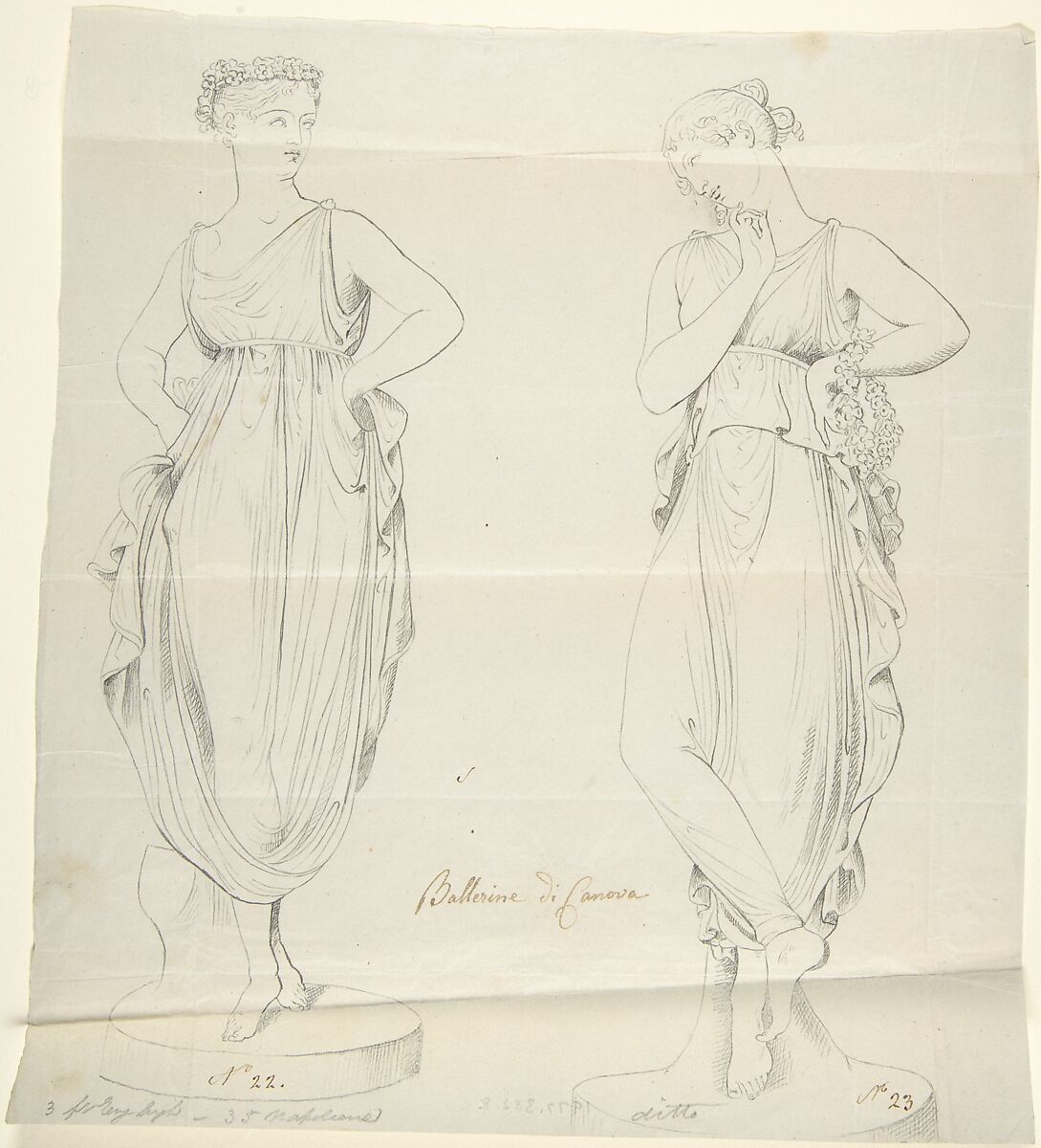 Sketch of two statues: Ballerinas by Canova, Circle of John Gibson (British, Gwynedd, Wales 1790–1866 Rome), Graphite, with inscriptions in pen and brown ink 