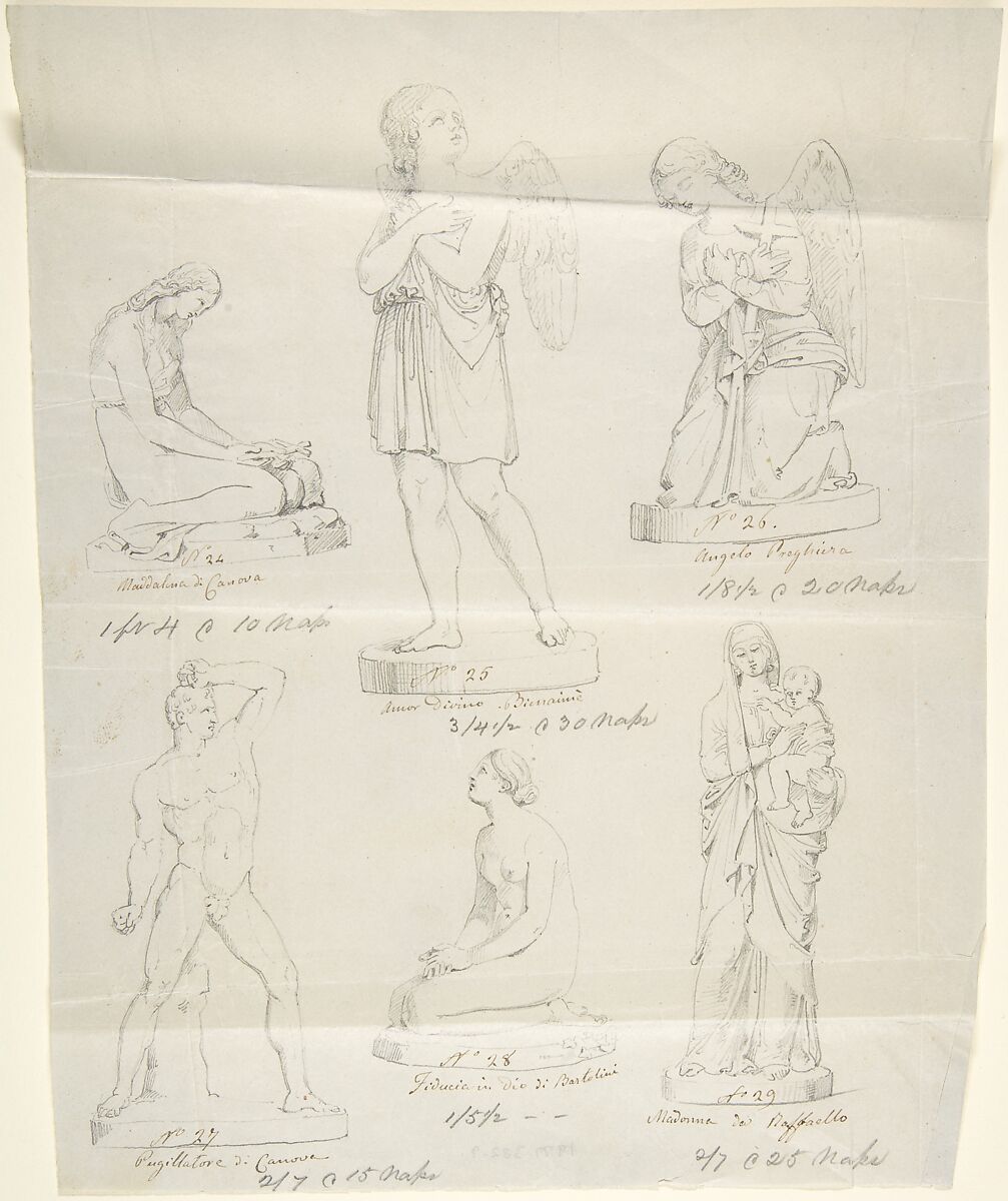 Sketches of six statues: Magdalen by Canova, Divine Love by Bienaimé, Praying Angel, Boxer by Canova, Trust in God by Bartolini, and Madonna by Raphael, Circle of John Gibson (British, Gwynedd, Wales 1790–1866 Rome), Graphite, with inscriptions in pen and brown ink 