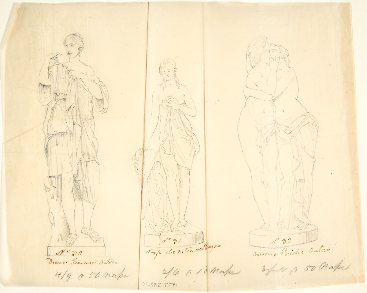 Sketches of three statues: Diana, Nymph Bathing and Cupid and Pysche, Circle of John Gibson (British, Gwynedd, Wales 1790–1866 Rome), Graphite, with inscriptions in pen and brown ink on tracing paper 