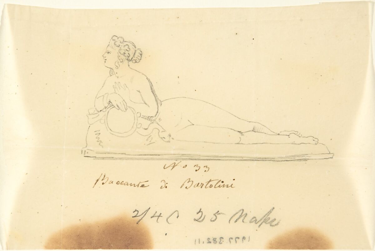 Sketch of a statue: Bacchante by Bartolini, Circle of John Gibson (British, Gwynedd, Wales 1790–1866 Rome), Graphite, with inscriptions in pen and brown ink on tracing paper 