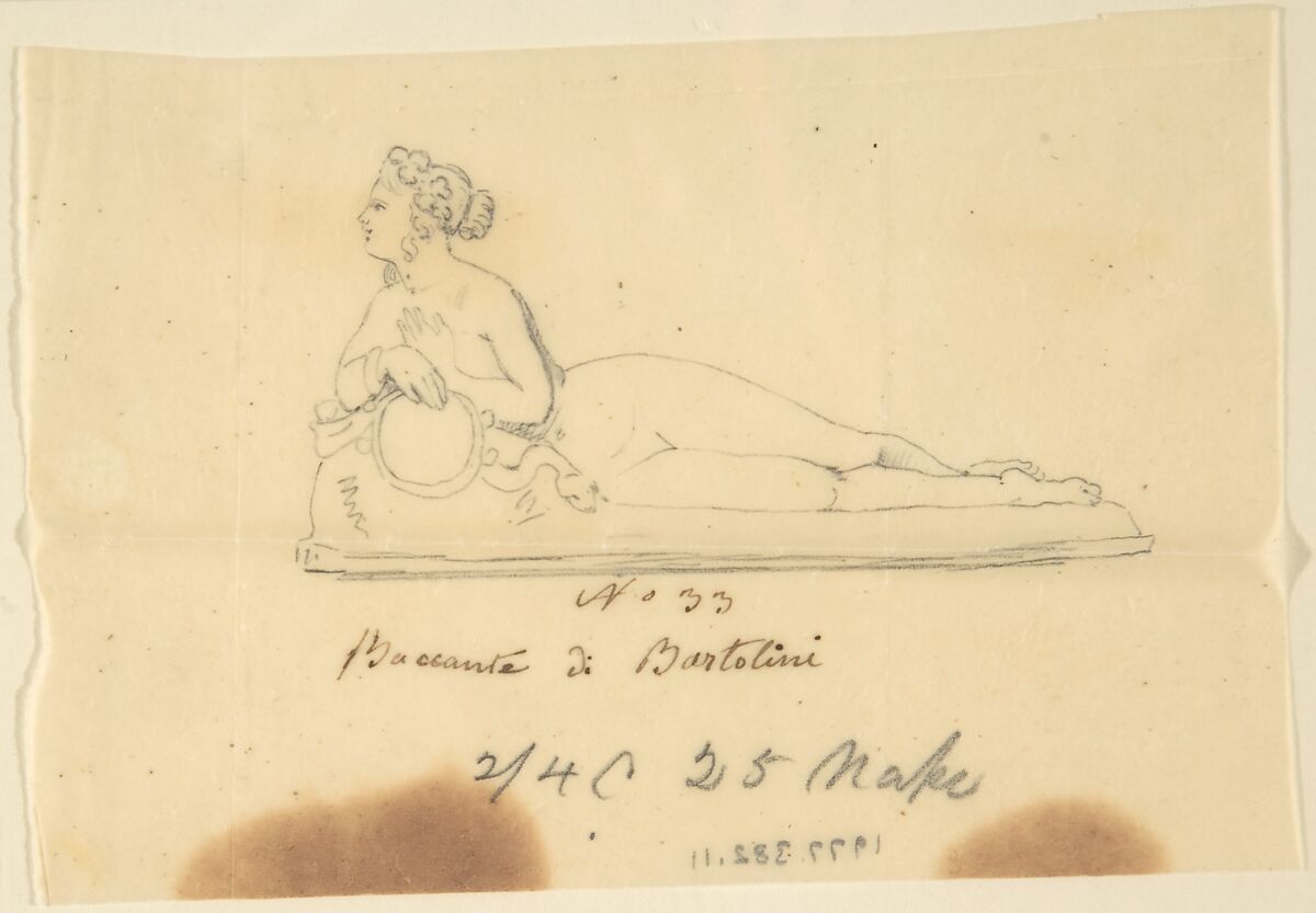 Sketch of a statue: Bacchante by Bartolini, Circle of John Gibson (British, Gwynedd, Wales 1790–1866 Rome), Graphite, with inscriptions in pen and brown ink on tracing paper