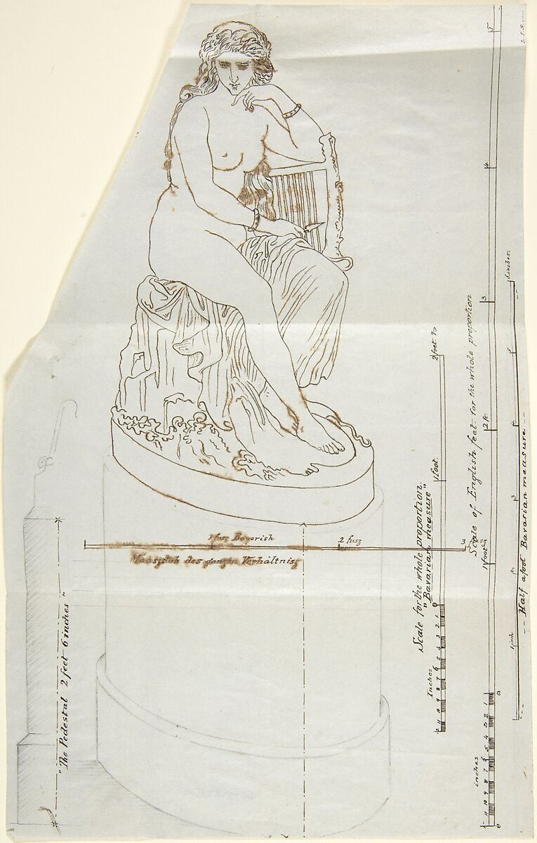 Sketch of a statue: Nymph (or Nymph of the Rhine) by Ludwig Michael Schwanthaler, Franz Xaver Schwanthaler (German, Ried im Innkreis, Austria 1799–1854 Munich), Pen and brown ink, graphite 