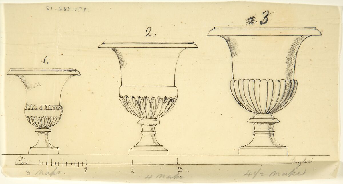 Sketch of Three Vases, Circle of John Gibson (British, Gwynedd, Wales 1790–1866 Rome), Pen and black ink on tracing paper 