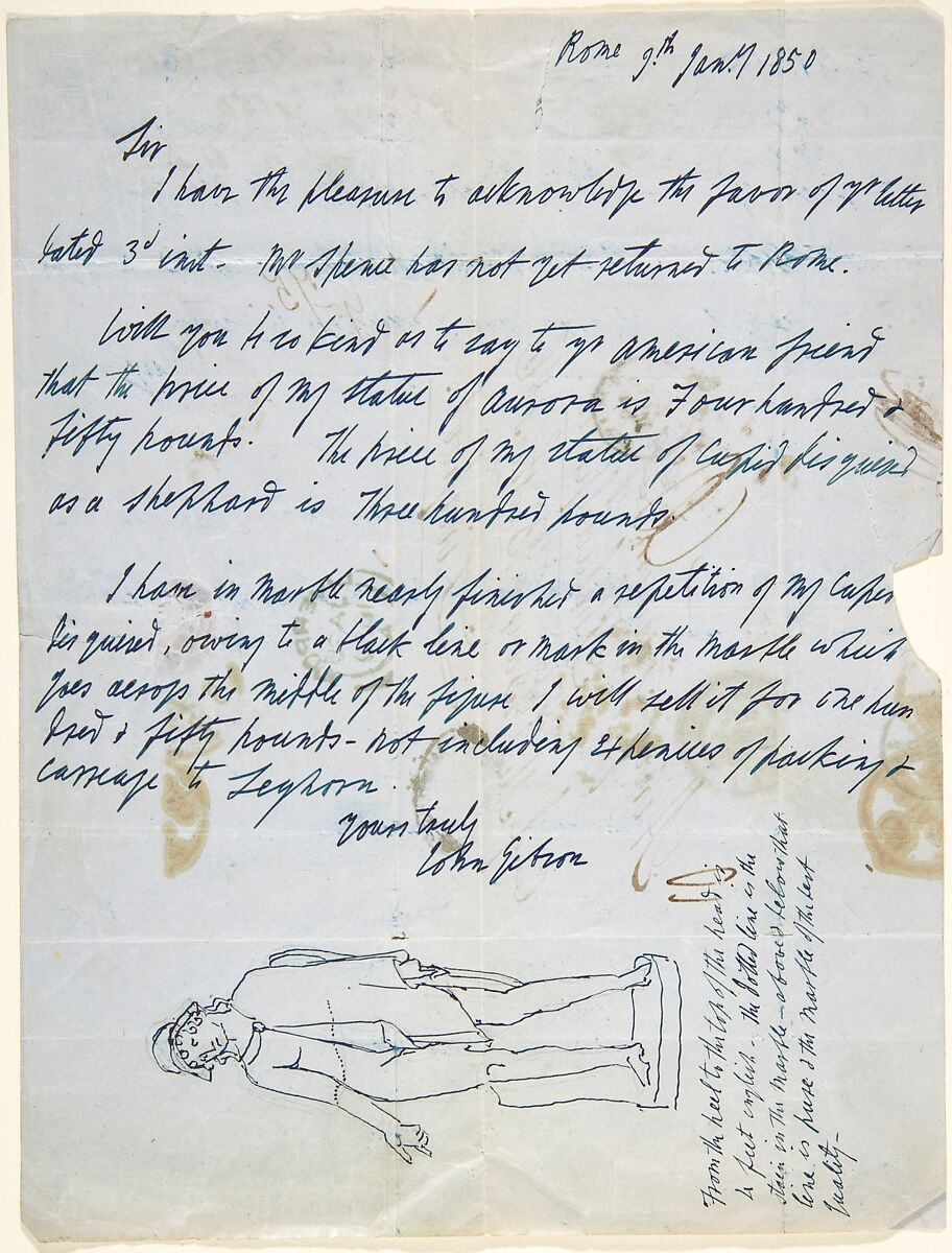 Letter from John Gibson to John Udny, containing information for Henry Farnum, John Gibson (British, Gwynedd, Wales 1790–1866 Rome), Pen and black ink on blue paper 