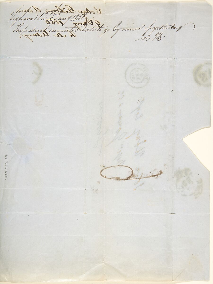 Letter from John Gibson to John Udny, containing information for Henry Farnum, John Gibson (British, Gwynedd, Wales 1790–1866 Rome), Pen and black ink on blue paper