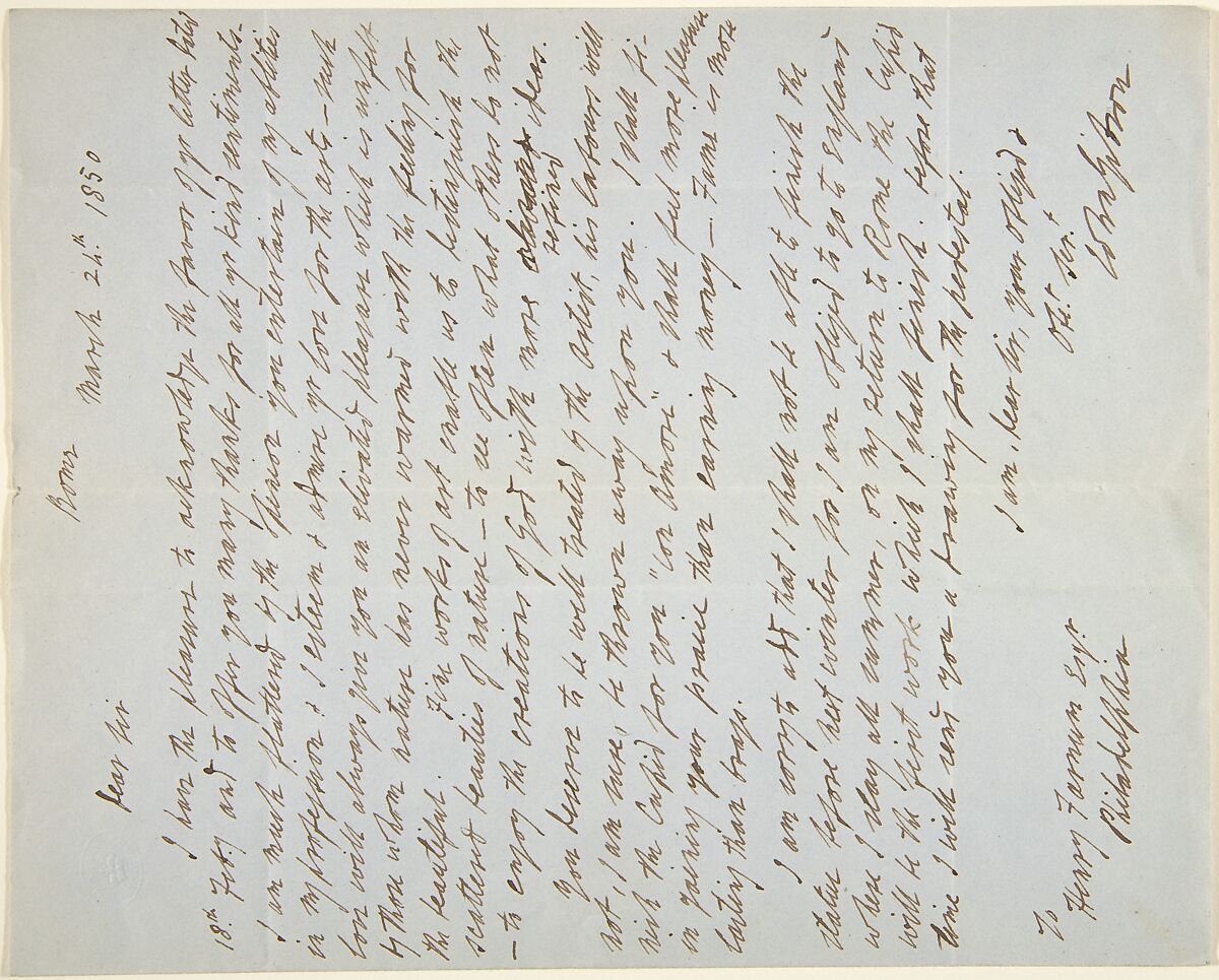 Letters to Henry Farnum from John Gibson and Benjamin Spence, John Gibson (British, Gwynedd, Wales 1790–1866 Rome), Pen and brown ink on blue paper 
