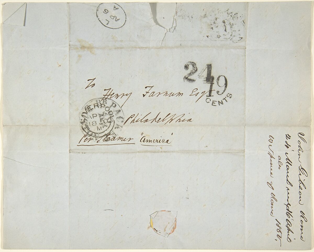 Letters to Henry Farnum from John Gibson and Benjamin Spence, John Gibson (British, Gwynedd, Wales 1790–1866 Rome), Pen and brown ink on blue paper