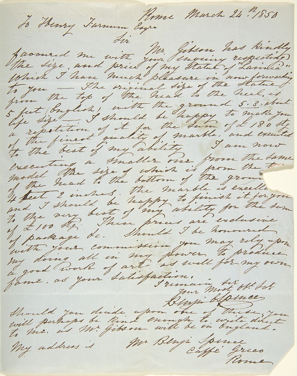 Letters to Henry Farnum from John Gibson and Benjamin Spence, John Gibson (British, Gwynedd, Wales 1790–1866 Rome), Pen and brown ink on blue paper