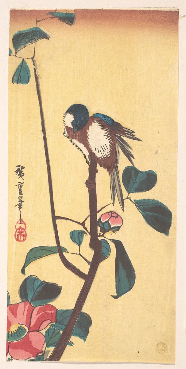 Camellia and Blue-Headed Bird, Utagawa Hiroshige (Japanese, Tokyo (Edo) 1797–1858 Tokyo (Edo)), Woodblock print; ink and color on paper, Japan 
