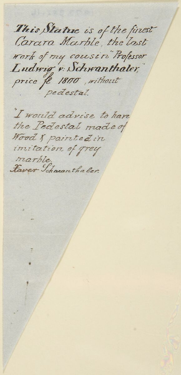 Explanatory note relating to sculpture of Nymphy by Ludwig Michael von Schwanthaler, Franz Xaver Schwanthaler (German, Ried im Innkreis, Austria 1799–1854 Munich), Pen and black ink on gray paper 