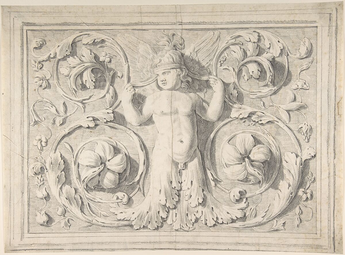Antique Roman Sculpture with Nude Winged Boy at the Center and Leaves and Vines, Attributed to Thomas Hardwick (British, London 1752–1829 London), Graphite 