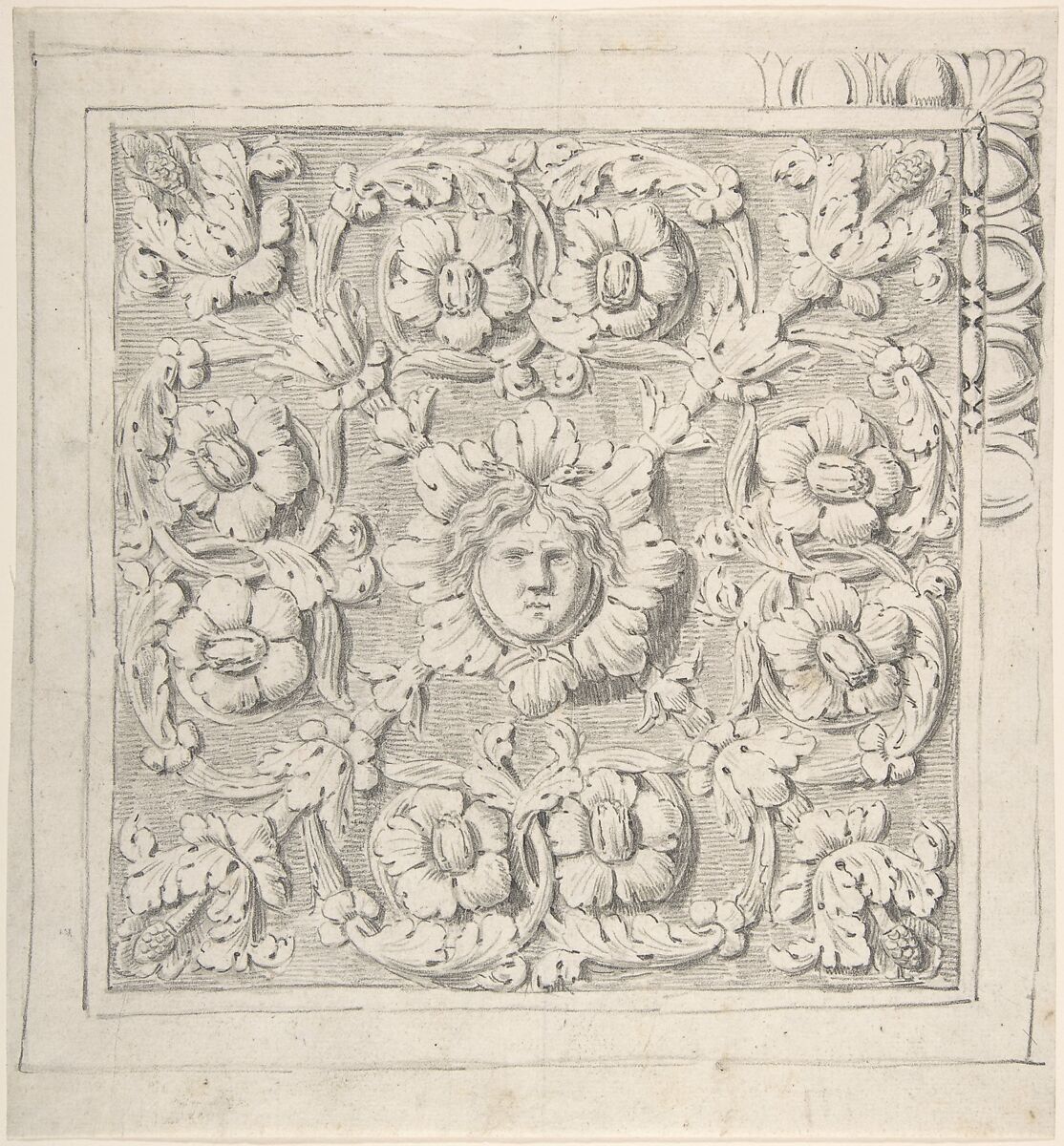Classical Molding with Human Head at the Center Surrounded by Leaves and Vines, Attributed to Thomas Hardwick (British, London 1752–1829 London), Graphite 