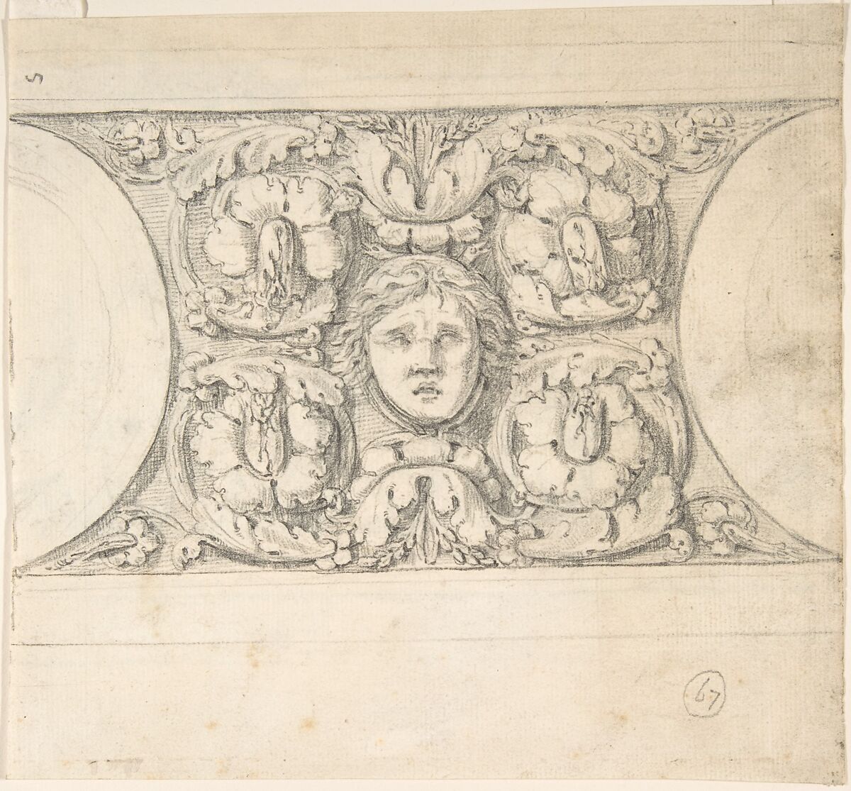 Classical Molding with Human Head, Leaves, Vines and Empty Roundels (recto); Detail of Classical Molding with Eagle In front of a Wreath with Ribbon Below (verso), Attributed to Thomas Hardwick (British, London 1752–1829 London), Graphite 