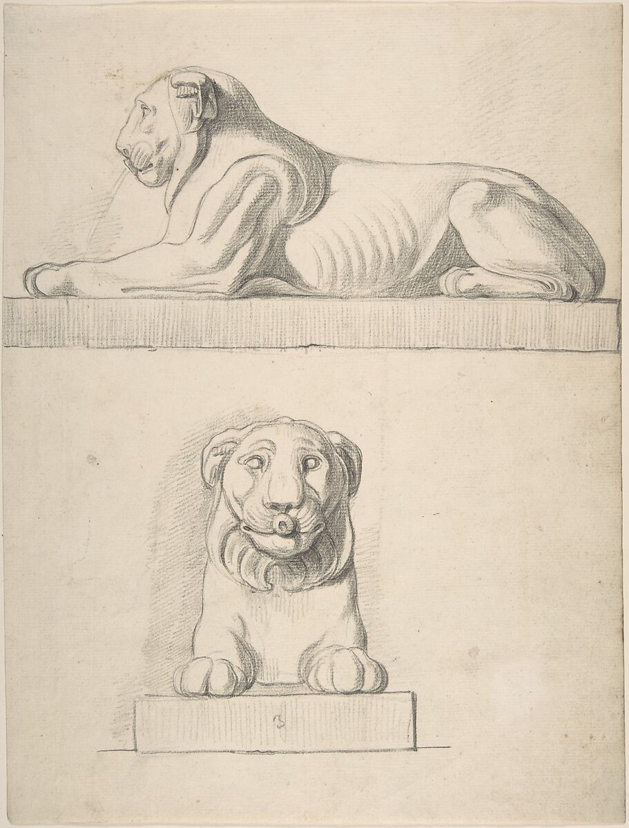 Classical Sculpture of a Lion, Front and Side Views, Attributed to Thomas Hardwick (British, London 1752–1829 London), Graphite 