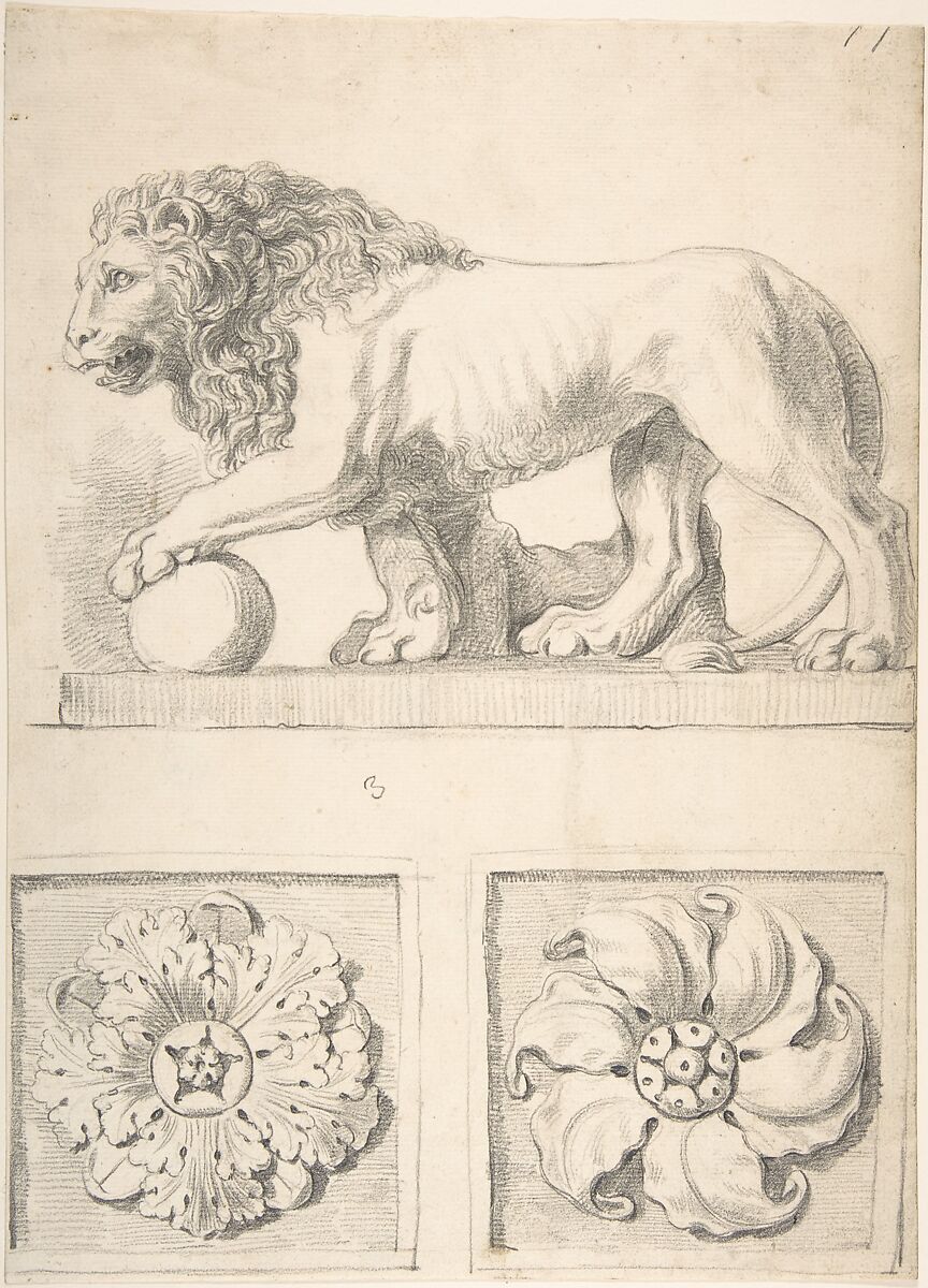 Classical Sculpture of a Lion and Two Rosettes, Attributed to Thomas Hardwick (British, London 1752–1829 London), Graphite 