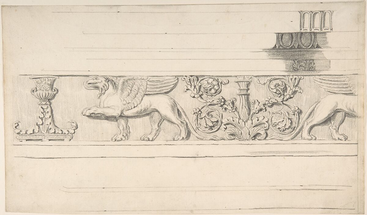 Classical Frieze with Griffins and Candleabra, and Molding Details, Attributed to Thomas Hardwick (British, London 1752–1829 London), Graphite 