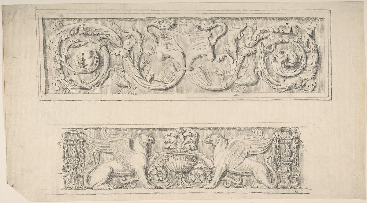 Two Frieze Designs: Decorated with Birds, Reptiles and Vines, Griffins and Vases, Attributed to Thomas Hardwick (British, London 1752–1829 London), Graphite 