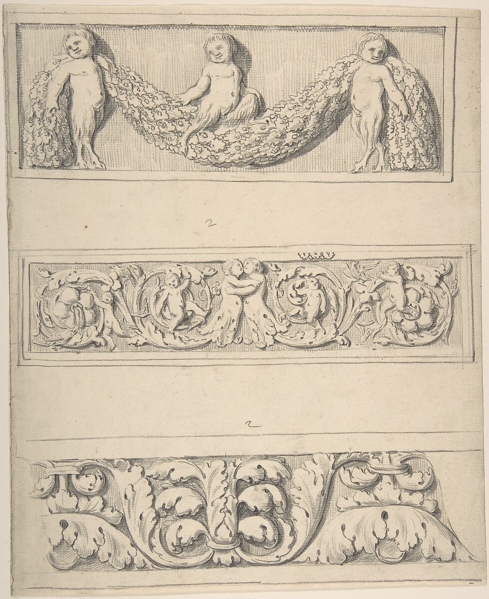 Three Frieze Designs with Young Satyrs, Leaves, Vines, and Putti, Attributed to Thomas Hardwick (British, London 1752–1829 London), Graphite 
