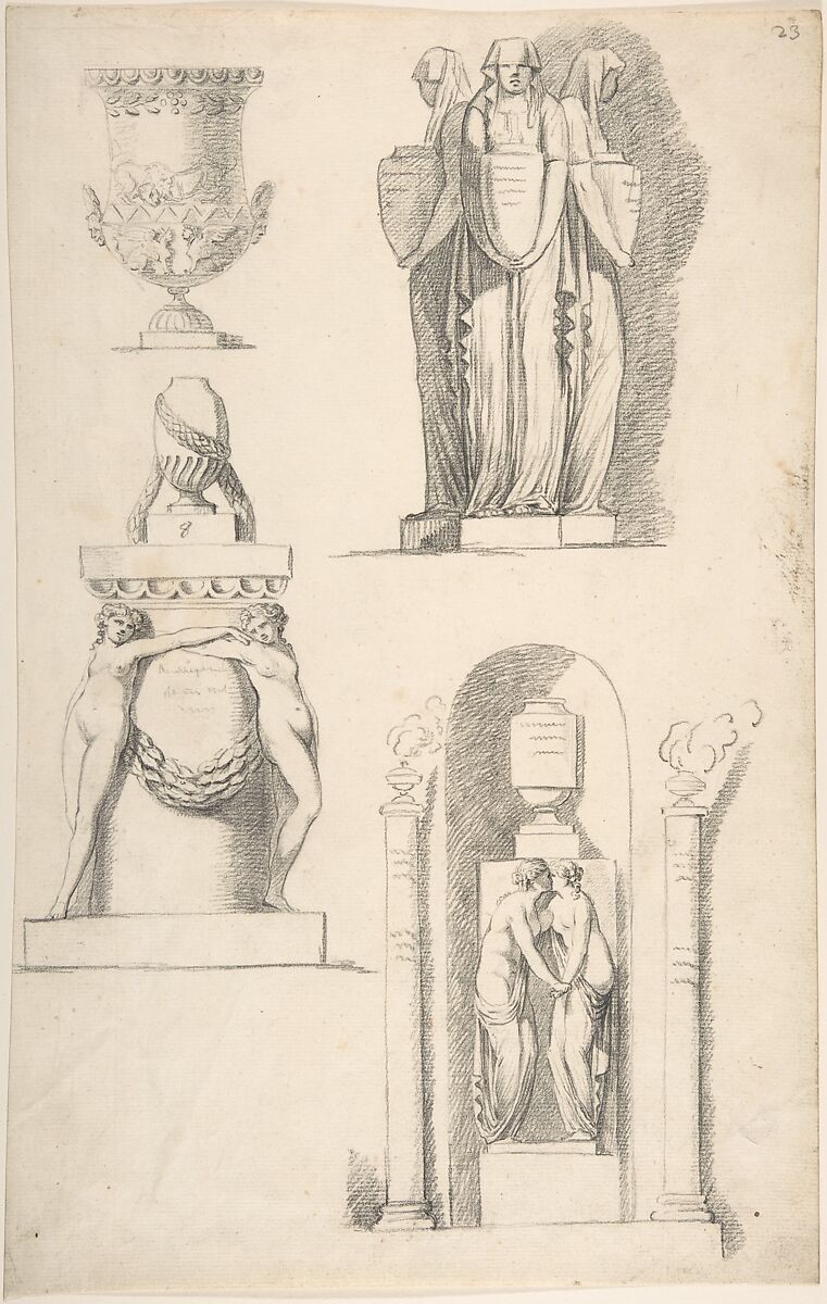 A Vase and Classical Monuments Carved with Hooded Women Carrying Urns, Two Females Embracing Beneath a Vase and Two Nude Female Figures Supporting a Vase, Attributed to Thomas Hardwick (British, London 1752–1829 London), Graphite 