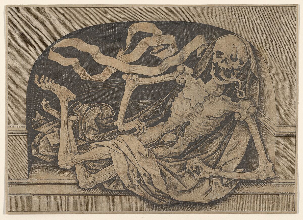 Memento Mori: a skeleton in a niche, Master IAM of Zwolle (Netherlandish, active ca. 1470–95), Engraving 