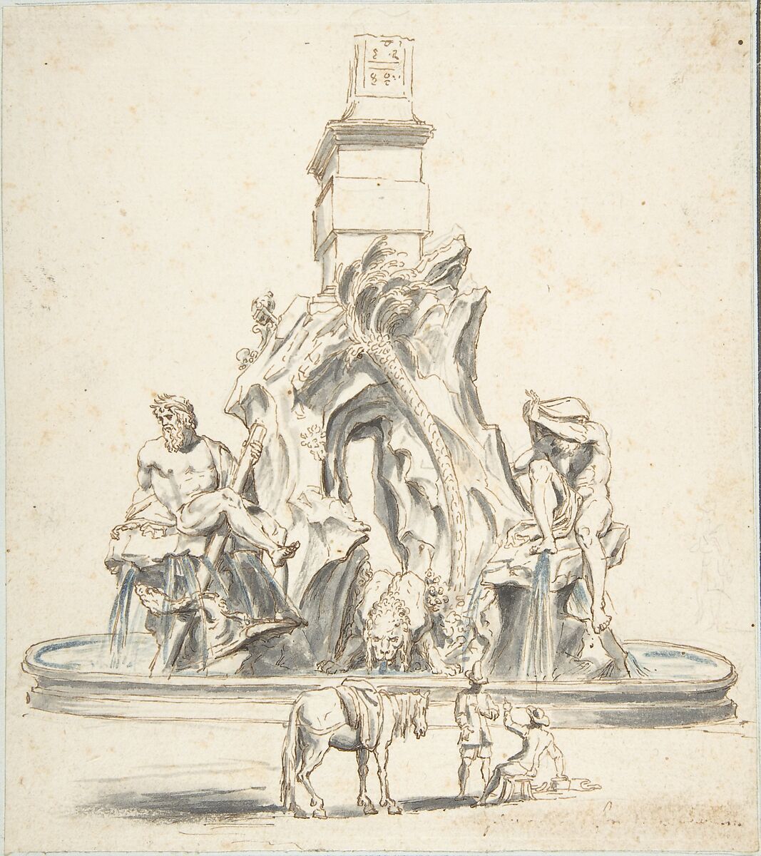 Bernini's Fountain of the Four Rivers in Piazza Navona, Rome, Giovanni Larciani ("Master of the Kress Landscapes") (Italian, 1484–1527), Pen and brown ink, brush and gray and blue wash, over graphite 