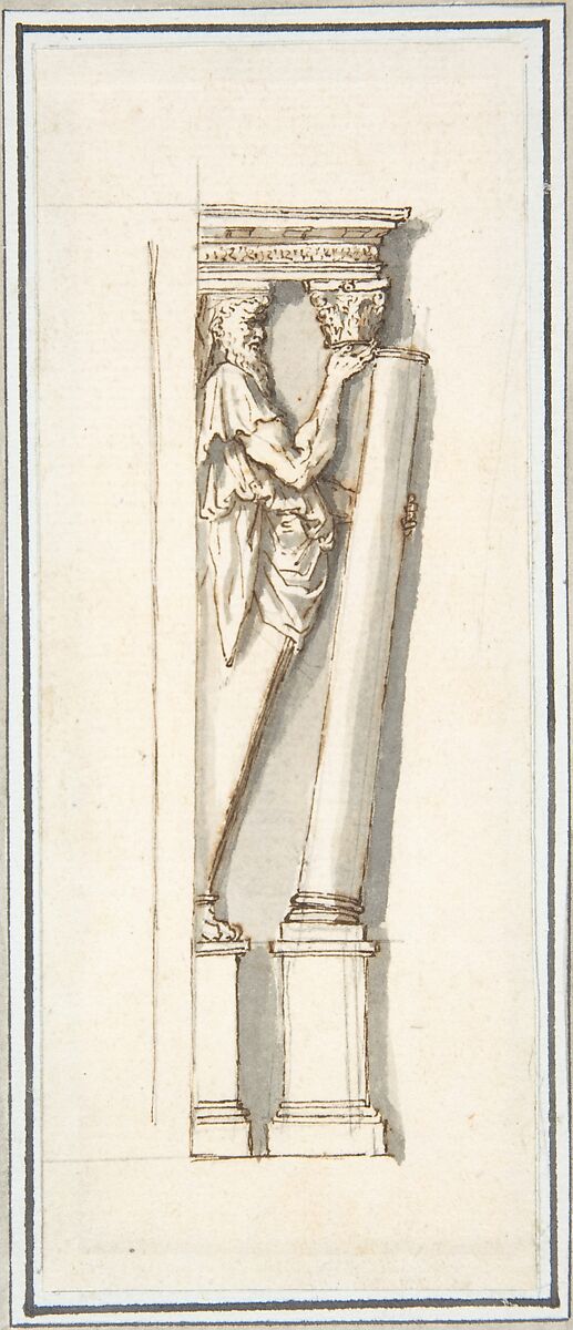 An Architectural Detail: A Herm Figure Placing or Removing a Column from Under an Entablature (after Stucco Frame by Daniele da Volterra from Orsini Chapel, Santa Trinità dei Monti), Giovanni Larciani ("Master of the Kress Landscapes") (Italian, 1484–1527), Pen and brown ink, brush and gray wash, over graphite 