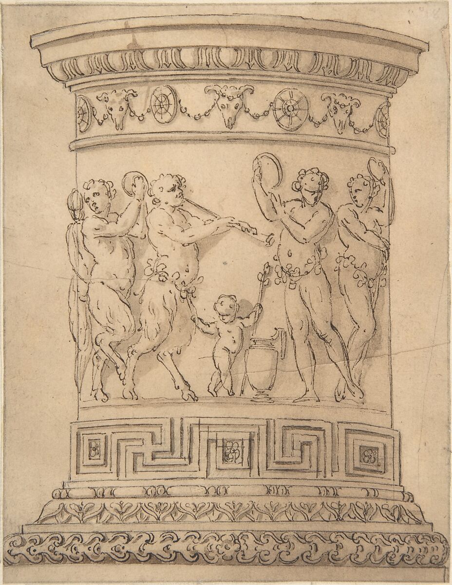 Pedestal with Relief Carving of a Bacchanal with Ornamental Borders, Giovanni Larciani ("Master of the Kress Landscapes") (Italian, 1484–1527) or early 19th century, Pen and brown ink, brush and brown wash, over graphite on light-brown washed paper 