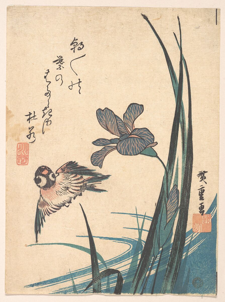 Iris and Sparrow, Utagawa Hiroshige (Japanese, Tokyo (Edo) 1797–1858 Tokyo (Edo)), Woodblock print; ink and color on paper, Japan 