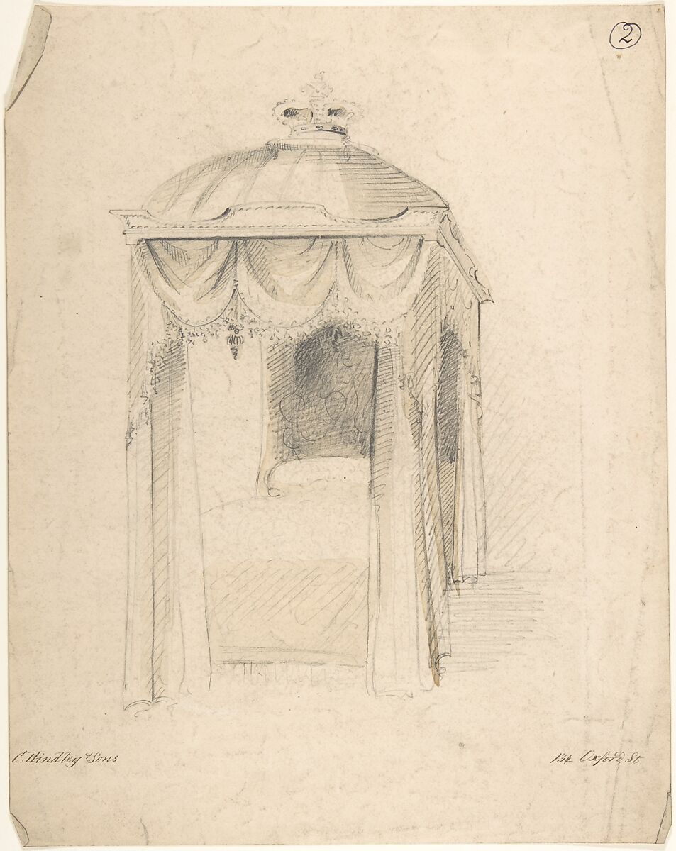 Design for a Bed with Canopy, Charles Hindley and Sons (British, London 1841–1917 London), Graphite and watercolor 