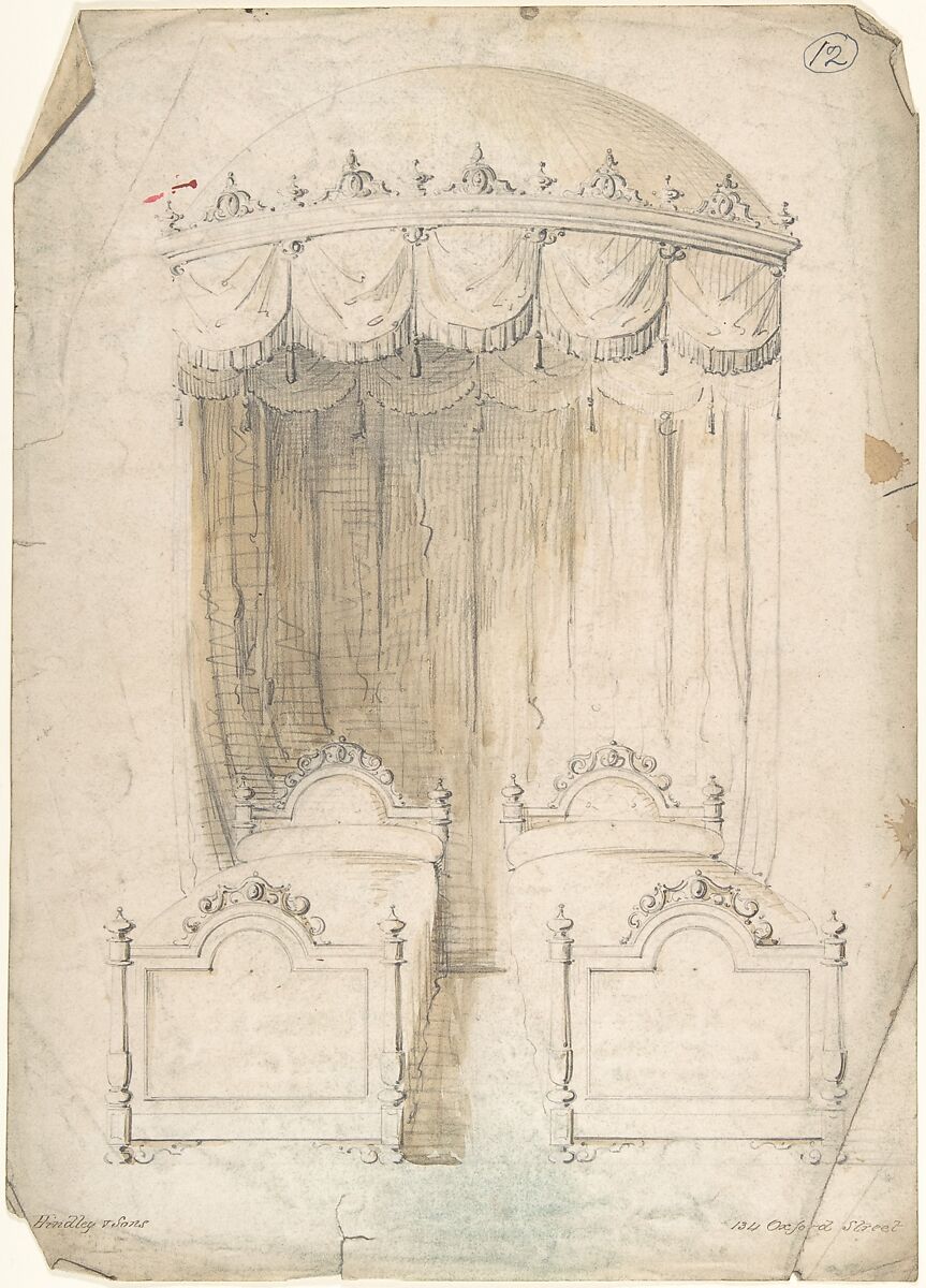 Design for Twin Beds with a Canopy, Charles Hindley and Sons (British, London 1841–1917 London), Graphite and watercolor 