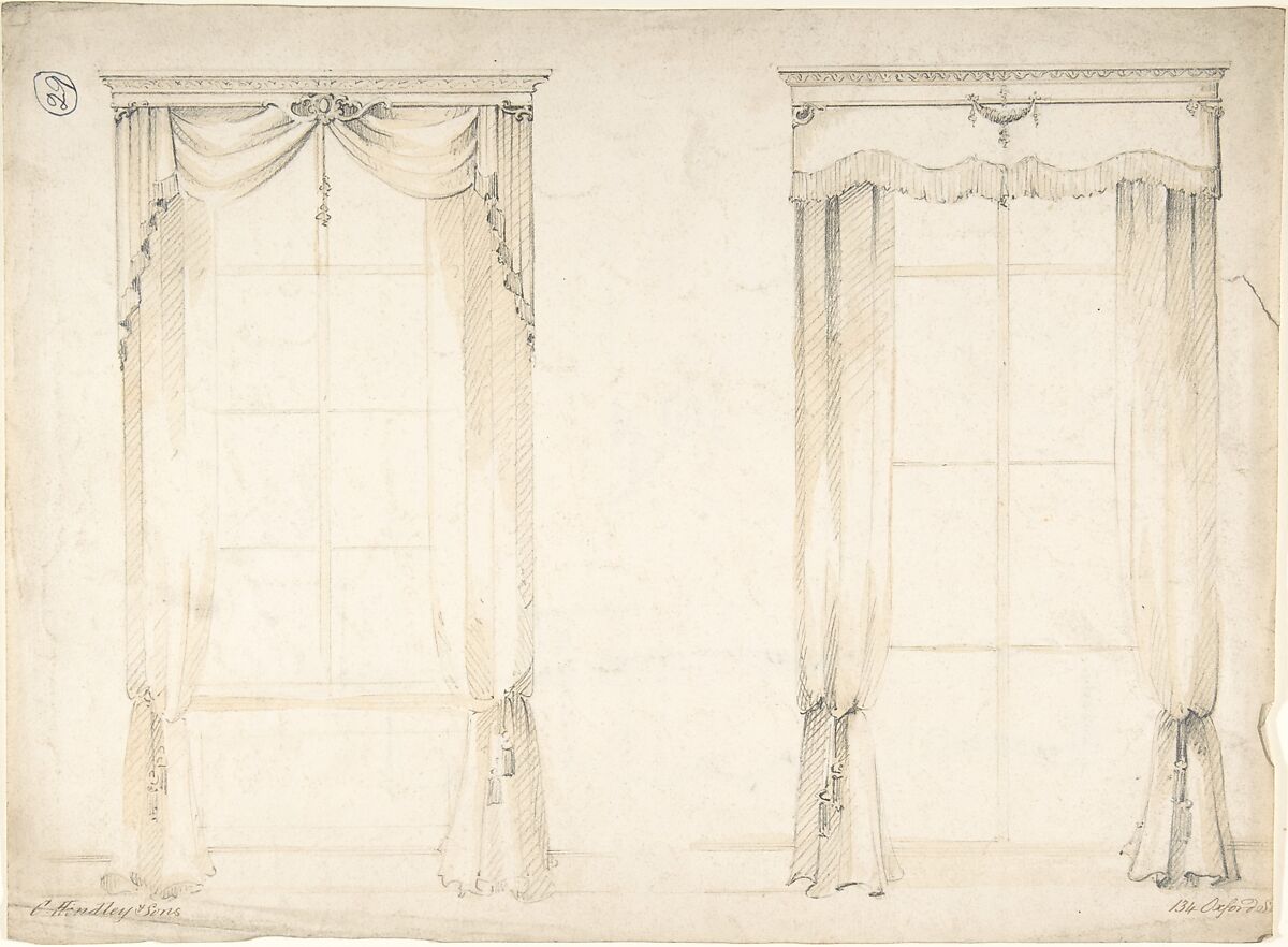 Designs for Two Sets of Curtains, Charles Hindley and Sons (British, London 1841–1917 London), Graphite and watercolor 