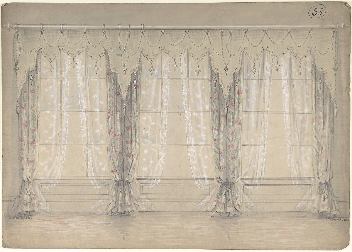 Design for a Wall with Three Windows, Charles Hindley and Sons (British, London 1841–1917 London), Graphite and watercolor 