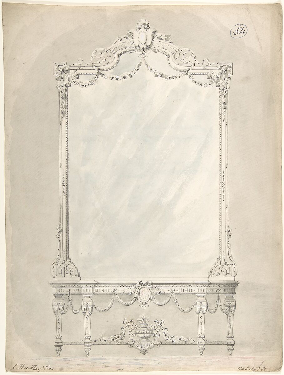 Design for a Side Table and Mirror, Charles Hindley and Sons (British, London 1841–1917 London), Graphite and watercolor 