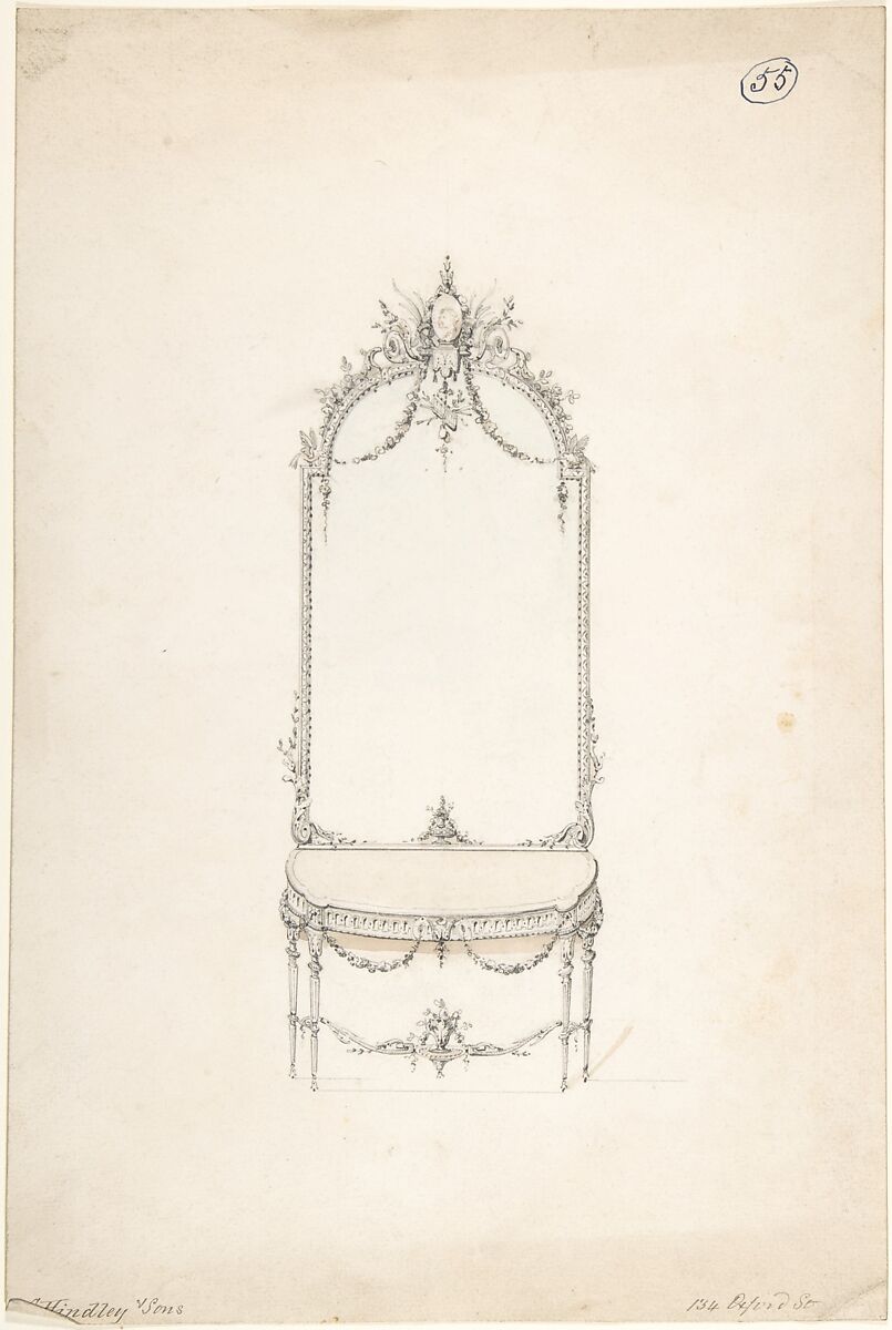 Design for a Side Table and Mirror, Charles Hindley and Sons (British, London 1841–1917 London), Graphite and watercolor 