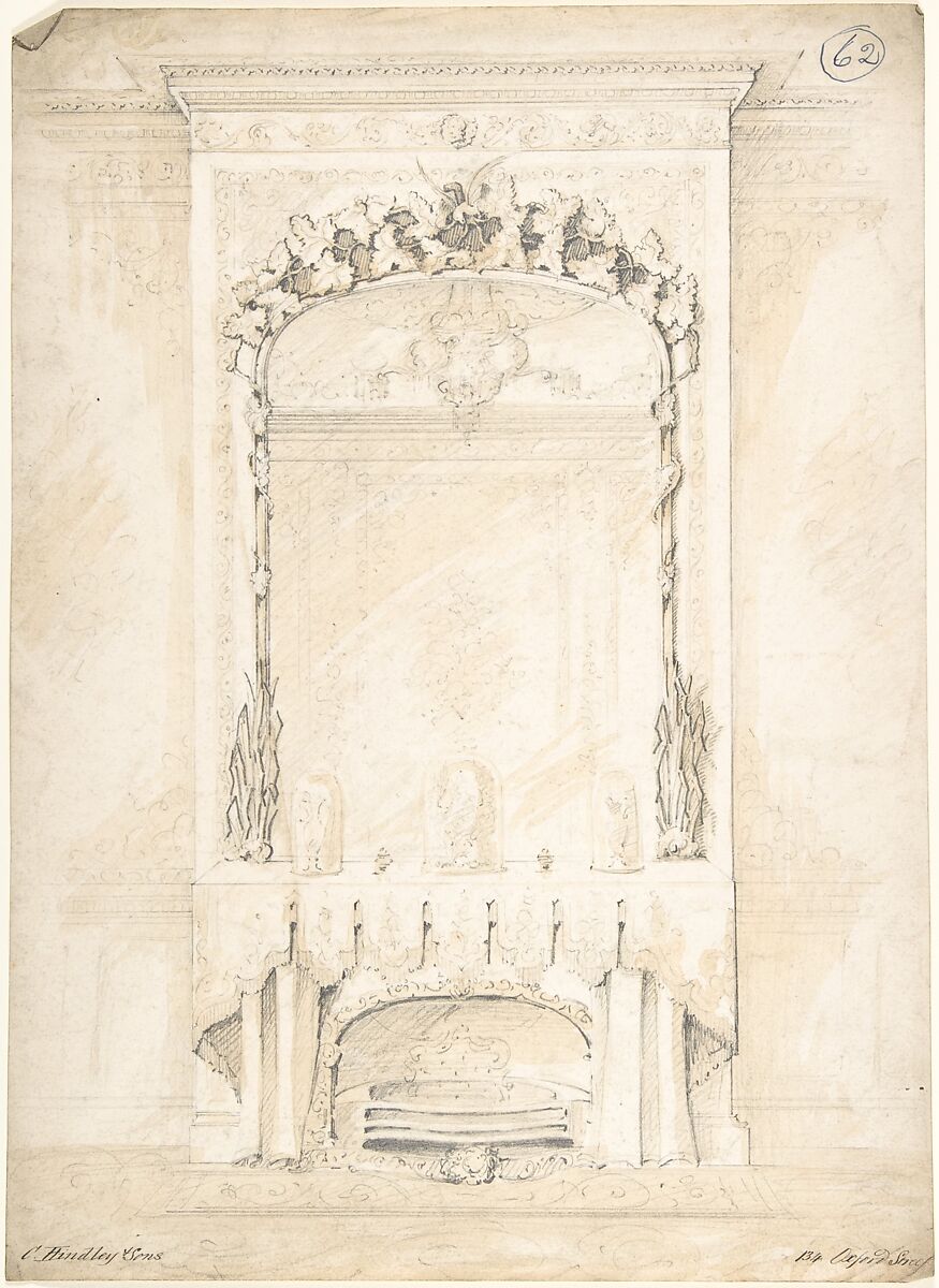 Design for a Fireplace and Mirror, Charles Hindley and Sons (British, London 1841–1917 London), Watercolor and graphite 