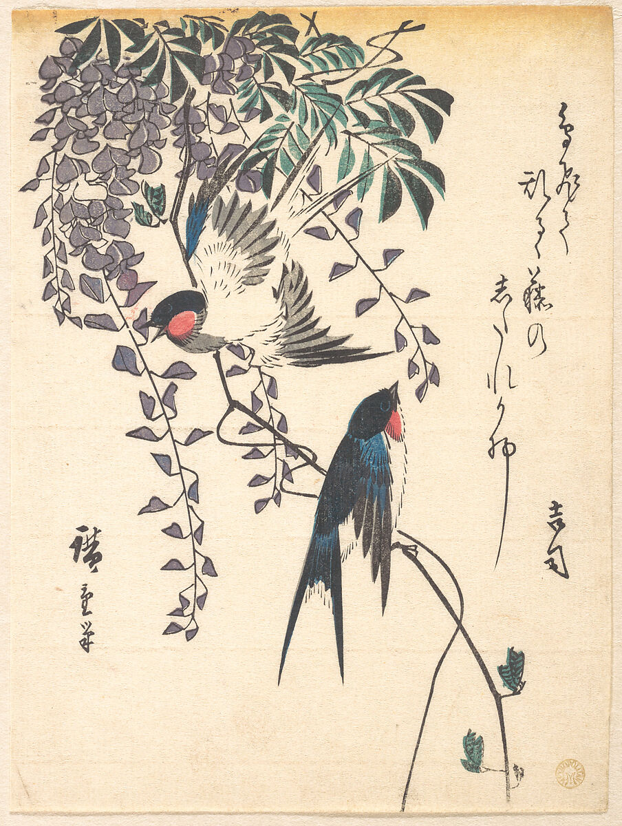 Swallow and Wisteria, Utagawa Hiroshige (Japanese, Tokyo (Edo) 1797–1858 Tokyo (Edo)), Woodblock print; ink and color on paper, Japan 