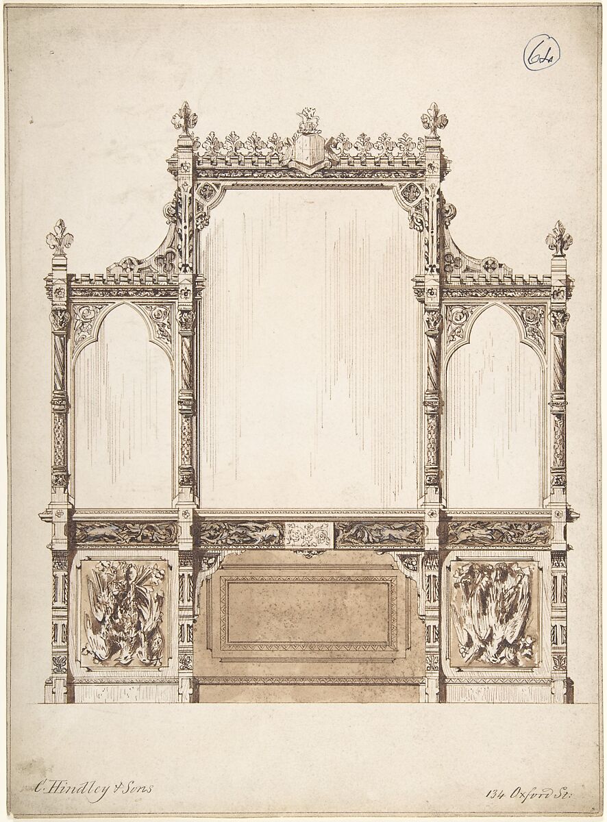 Design for Wall with Wooden Trim, Charles Hindley and Sons (British, London 1841–1917 London), Pen and brown ink, watercolor 