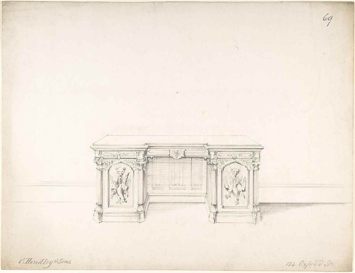 Design for Wooden Desk, Charles Hindley and Sons (British, London 1841–1917 London), Graphite 