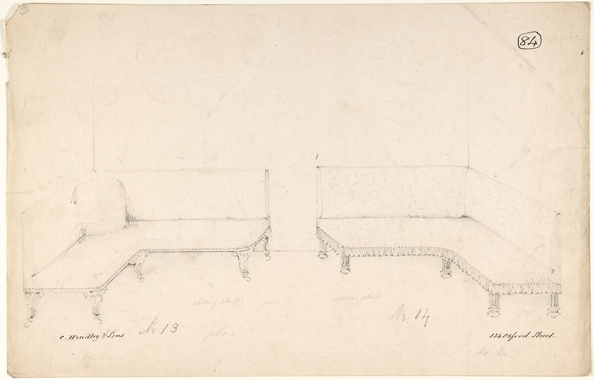 Designs for Two Corner Couches, Charles Hindley and Sons (British, London 1841–1917 London), Graphite 