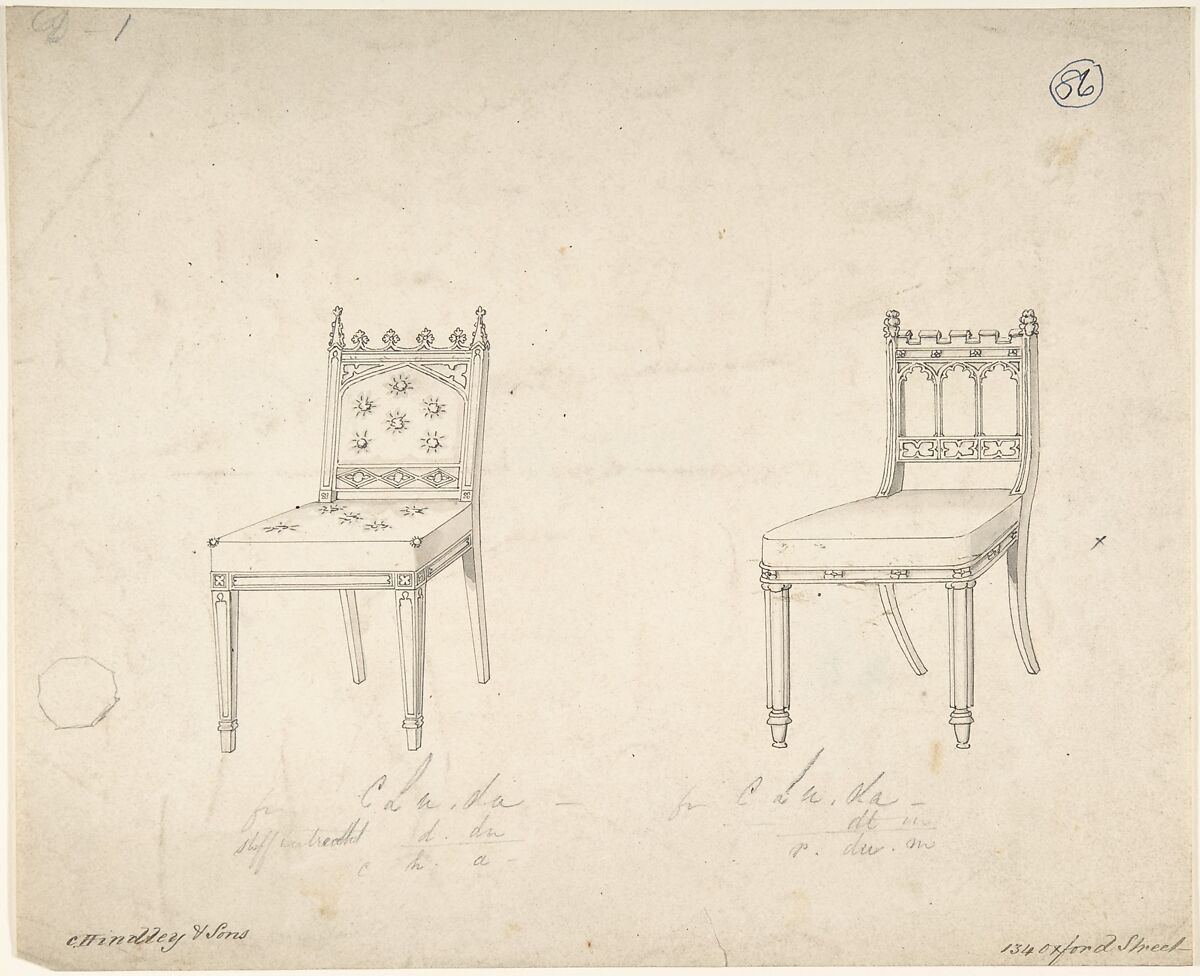 Designs for Two Chairs, Charles Hindley and Sons (British, London 1841–1917 London), Pen and black ink 
