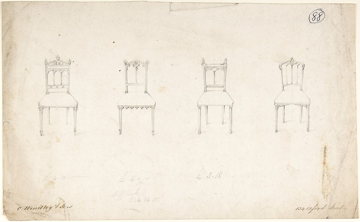 Designs for Four Chairs, Charles Hindley and Sons (British, London 1841–1917 London), Graphite 