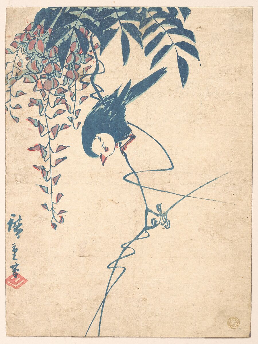Wisteria and White-headed Bird, Utagawa Hiroshige (Japanese, Tokyo (Edo) 1797–1858 Tokyo (Edo)), Woodblock print; ink and color on paper, Japan 