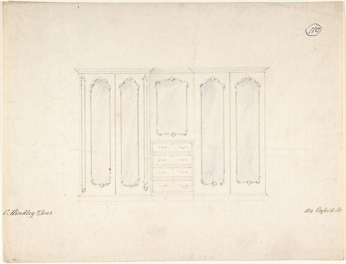 Design for Armoire with Mirrors, Charles Hindley and Sons (British, London 1841–1917 London), Graphite, brush and ink wash 