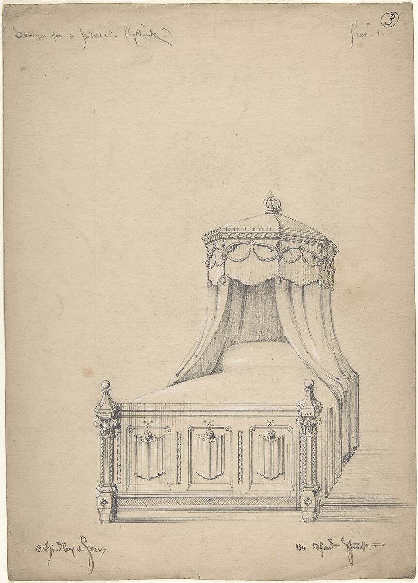 Design for a Gothic Bed, Charles Hindley and Sons (British, London 1841–1917 London), Graphite with touches of white gouache