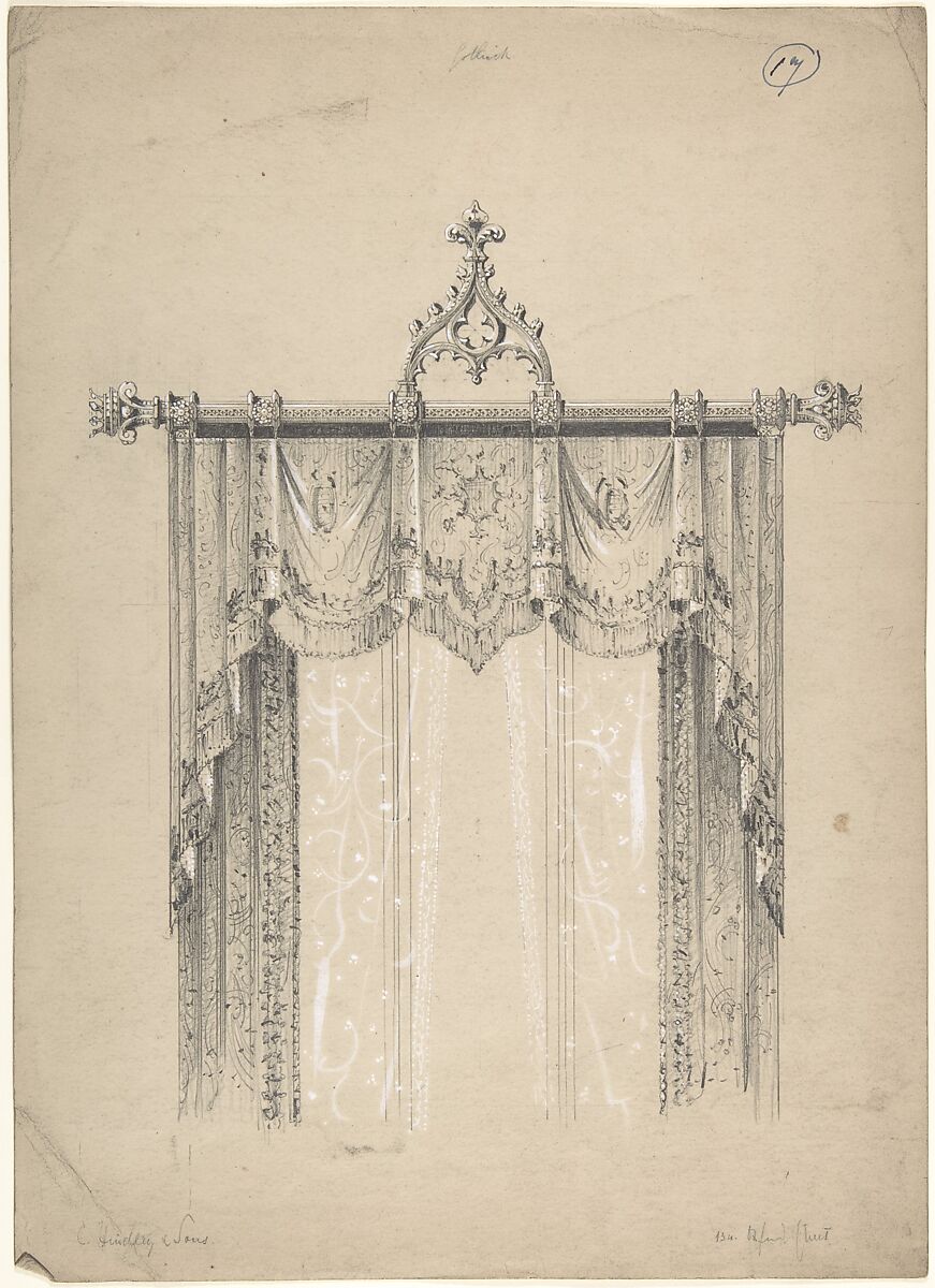 Design for Gothic Curtains and Curtain Rod, Charles Hindley and Sons (British, London 1841–1917 London), Graphite with touches of white gouache 