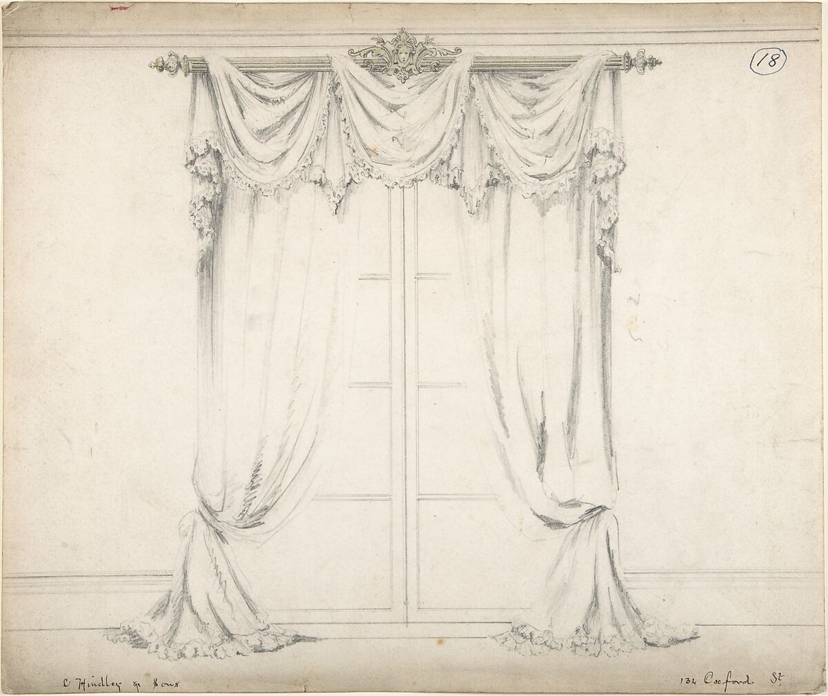 Design for Curtains and Rod, Charles Hindley and Sons (British, London 1841–1917 London), Brush and ink wash over graphite 