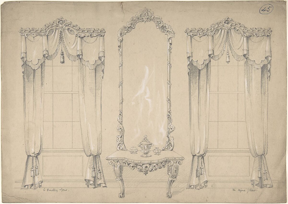 Design for Wall with Two Windows, Side Table, and Mirror, Charles Hindley and Sons (British, London 1841–1917 London), Graphite with touches of white gouache 