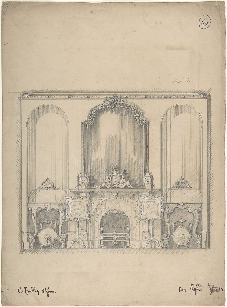 Design for a Wall with a Fireplace and Side Tables, Charles Hindley and Sons (British, London 1841–1917 London), Graphite with touches of white gouache 